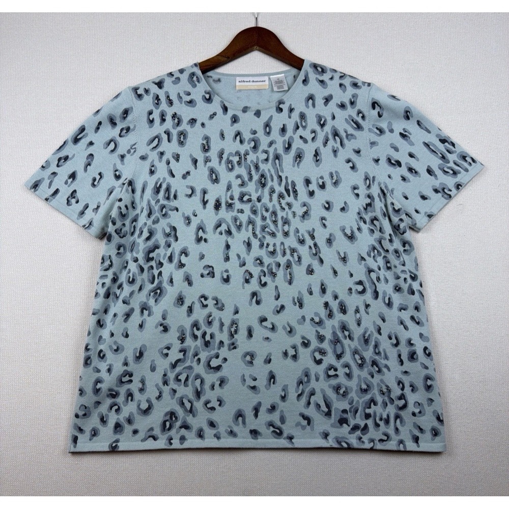 Alfred Dunner Woman Leopard Print Knit Top 1X Teal Fall Office Casual Feminine